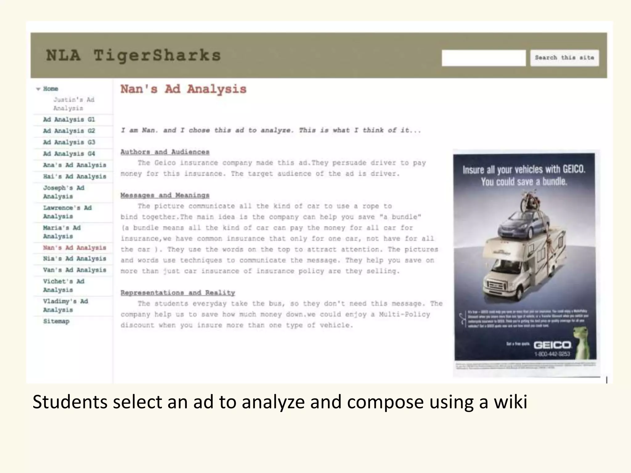 Students select an ad to analyze and compose using a wiki 
 