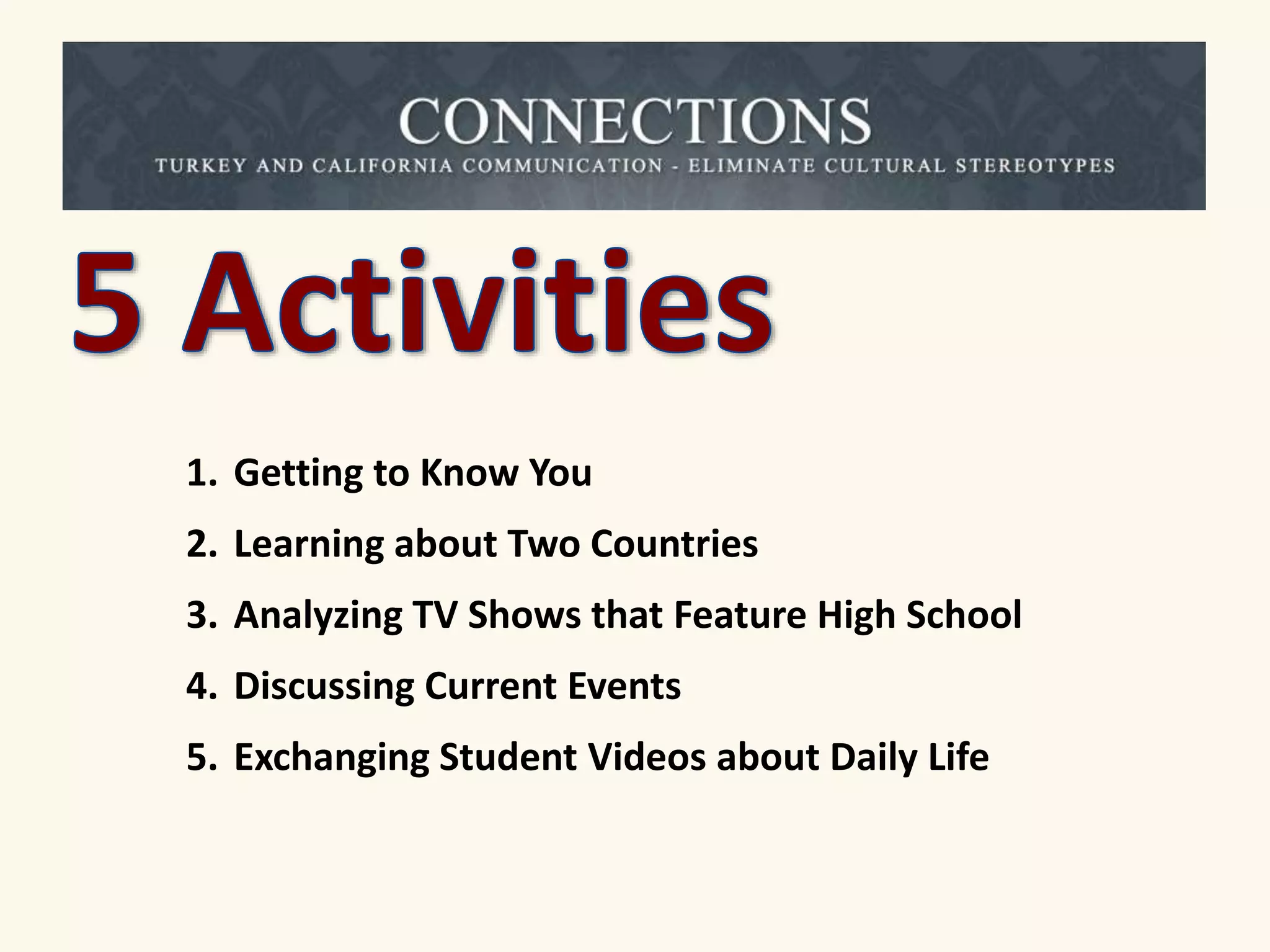 1. Getting to Know You 
2. Learning about Two Countries 
3. Analyzing TV Shows that Feature High School 
4. Discussing Current Events 
5. Exchanging Student Videos about Daily Life 
 