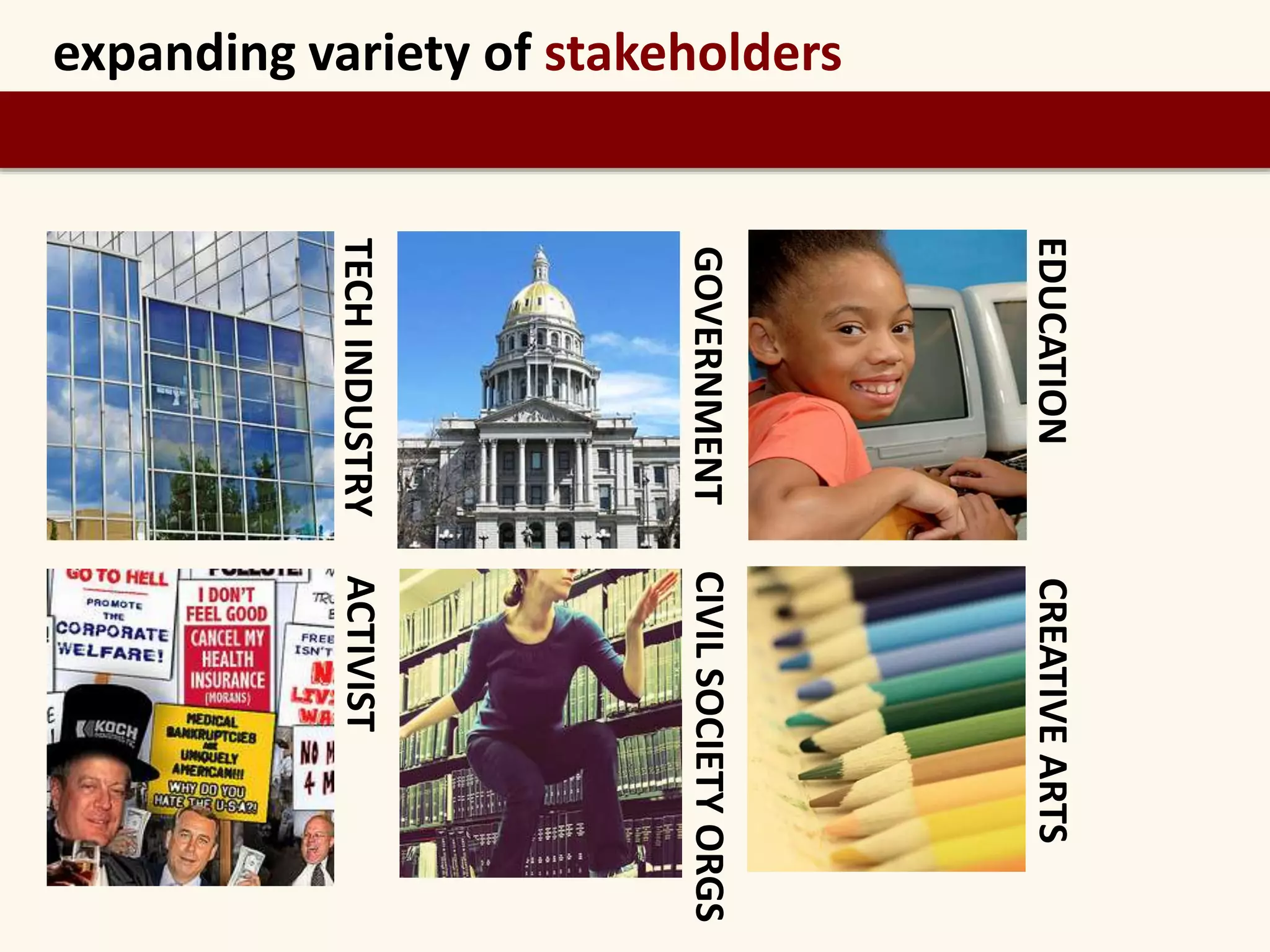 EDUCATION CREATIVE ARTS 
GOVERNMENT CIVIL SOCIETY ORGS 
TECH INDUSTRY ACTIVIST 
expanding variety of stakeholders 
 