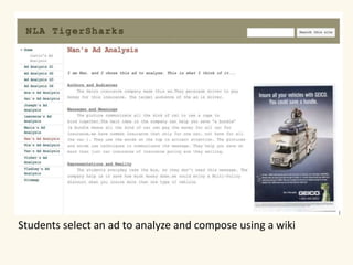 Students select an ad to analyze and compose using a wiki 
 