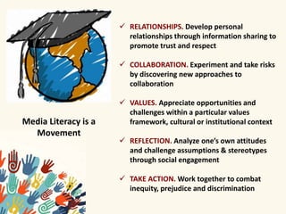  RELATIONSHIPS. Develop personal 
relationships through information sharing to 
promote trust and respect 
 COLLABORATION. Experiment and take risks 
by discovering new approaches to 
collaboration 
 VALUES. Appreciate opportunities and 
challenges within a particular values 
framework, cultural or institutional context 
 REFLECTION. Analyze one’s own attitudes 
and challenge assumptions & stereotypes 
through social engagement 
 TAKE ACTION. Work together to combat 
inequity, prejudice and discrimination 
Media Literacy is a 
Movement 
 