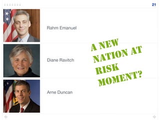 Arne Duncan
Diane Ravitch
A NEW
NATION AT
RISK
MOMENT?
21
Rahm Emanuel
 