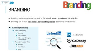 BRANDING
 Branding is absolutely critical because of the overall impact it makes on the practice
 Branding can change how people perceive the practice, it can drive new business
 Achieving Branding
 Virtual Identity
 Website
 Social Media
 SEO – Search Engine
Optimization
 Thought Leadership
 Articles
 Newsletters
 Blogs
Brandin
g
 