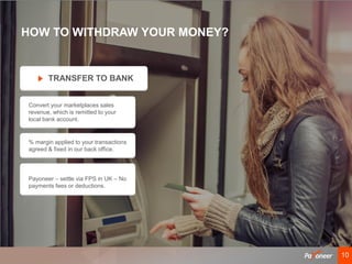 1010
HOW TO WITHDRAW YOUR MONEY?
Convert your marketplaces sales
revenue, which is remitted to your
local bank account.
% margin applied to your transactions
agreed & fixed in our back office.
Payoneer – settle via FPS in UK – No
payments fees or deductions.
TRANSFER TO BANK
 