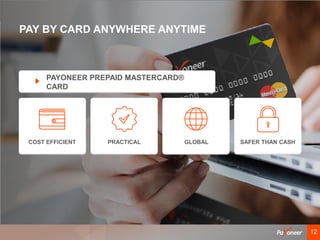 1212
PAY BY CARD ANYWHERE ANYTIME
PAYONEER PREPAID MASTERCARD®
CARD
COST EFFICIENT PRACTICAL GLOBAL SAFER THAN CASH
 