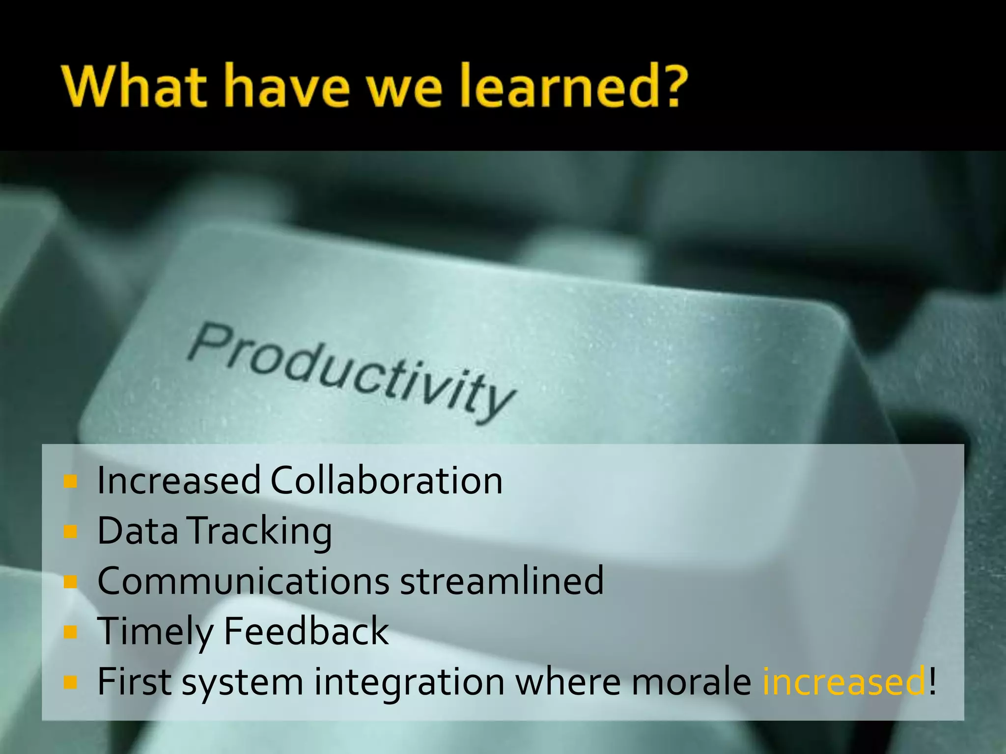 What have we learned?Gmail – Powerful SEARCH, Labs, tasksGoogle Docs - BlueRibbon/GSH FormsGoogle Talk- IM/video save historyGoogle Calendar – IEP meetings,Subs, LabsGoogle Sites - Math, ePortfolioMobility = LOVE:)