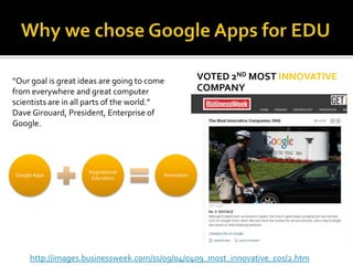 Why we chose Google Apps for EDUGoogle Apps Education Edition supports open industry standards, meaning it's easy to integrate into your existing IT systems.