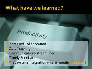 What have we learned?Gmail – Powerful SEARCH, Labs, tasksGoogle Docs - BlueRibbon/GSH FormsGoogle Talk- IM/video save historyGoogle Calendar – IEP meetings,Subs, LabsGoogle Sites - Math, ePortfolioMobility = LOVE:)