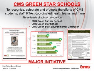 CMS GREEN STAR SCHOOLS
    To recognize, celebrate and promote the efforts of CMS
   students, staff, PTAs, coordinated health teams and more
                             Three levels of school recognition:
                                  • CMS Green Partner School
                                  • CMS Green Star School
                                  • CMS Green Star Environmental Champion




                                 MAJOR INITIATIVE
Brian.Kasher@cms.k12.nc.us
                                          21
 