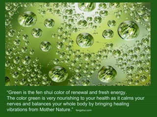 “ Green is the fen shui color of renewal and fresh energy.  The color green is very nourishing to your health as it calms your nerves and balances your whole body by bringing healing  vibrations from Mother Nature.”  fengshui.com 