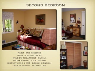 second bedroom PAINT - MIS-MIXED $5 DESK - CRAIGSLIST $0 WINDOW TREATMENT - FAMILY TRUNK & BED - CLIENT’S OWN DISPLAY CASE & ART - DESIGN CONSIGN CLOSET DOORS - SECOND USE 