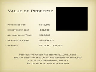 Value of Property Purchased for  $246,500 Improvement cost  $32,000 Approx. Value Today  $320,000 Increase in Value  $73,500 Net  Increase  $41,500 to $51,000 Possible Tax Credit and Rebate qualifications  30% tax credit on insulation and windows up to $1,500. Rebate on Refrigerator, Washer $$ for Recyling Old Refrigerator 