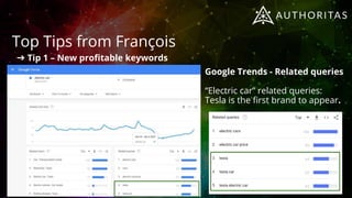 Top Tips from François
How is Tesla performing on for “Electric car” ?
➔ Tip 1 – New profitable keywords
 