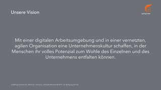 go[ing] mad
addWings Services UG - München - Germany - All Rights Reserved © 2019 - Dr. Wolfgang Schmid
Unsere Vision
Mit einer digitalen Arbeitsumgebung und in einer vernetzten,
agilen Organisation eine Unternehmenskultur schaffen, in der
Menschen ihr volles Potenzial zum Wohle des Einzelnen und des
Unternehmens entfalten können.
 