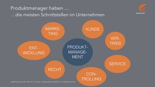 go[ing] mad
addWings Services UG - München - Germany - All Rights Reserved © 2019 - Dr. Wolfgang Schmid
…die meisten Schnittstellen im Unternehmen
PRODUKT-
MANAGE-
MENT
VER-
TRIEB
KUNDE
SERVICE
CON-
TROLLING
RECHT
ENT-
WICKLUNG
MARKE-
TING
Produktmanager haben …
 