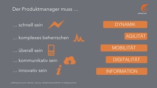 go[ing] mad
addWings Services UG - München - Germany - All Rights Reserved © 2019 - Dr. Wolfgang Schmid
Der Produktmanager muss …
… schnell sein
… komplexes beherrschen
… überall sein
… innovativ sein
… kommunikativ sein
DYNAMIK
AGILITÄT
MOBILITÄT
DIGITALITÄT
INFORMATION
 