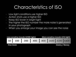 Characteristics of ISO
• Low light conditions use higher ISO
• Action shots use a higher ISO
• Keep ISO lower in bright light
• The higher the ISO number the more noise is generated
in your photograph
• When you enlarge your image you can see the noise
 