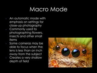 Macro Mode
• An automatic mode with
emphasis on settings for
close-up photography
• Commonly used to
photographing flowers,
insects and other small
items
• Some cameras may be
able to focus when the
lens is less than an inch
away from the subject
• Creates a very shallow
depth of field
 