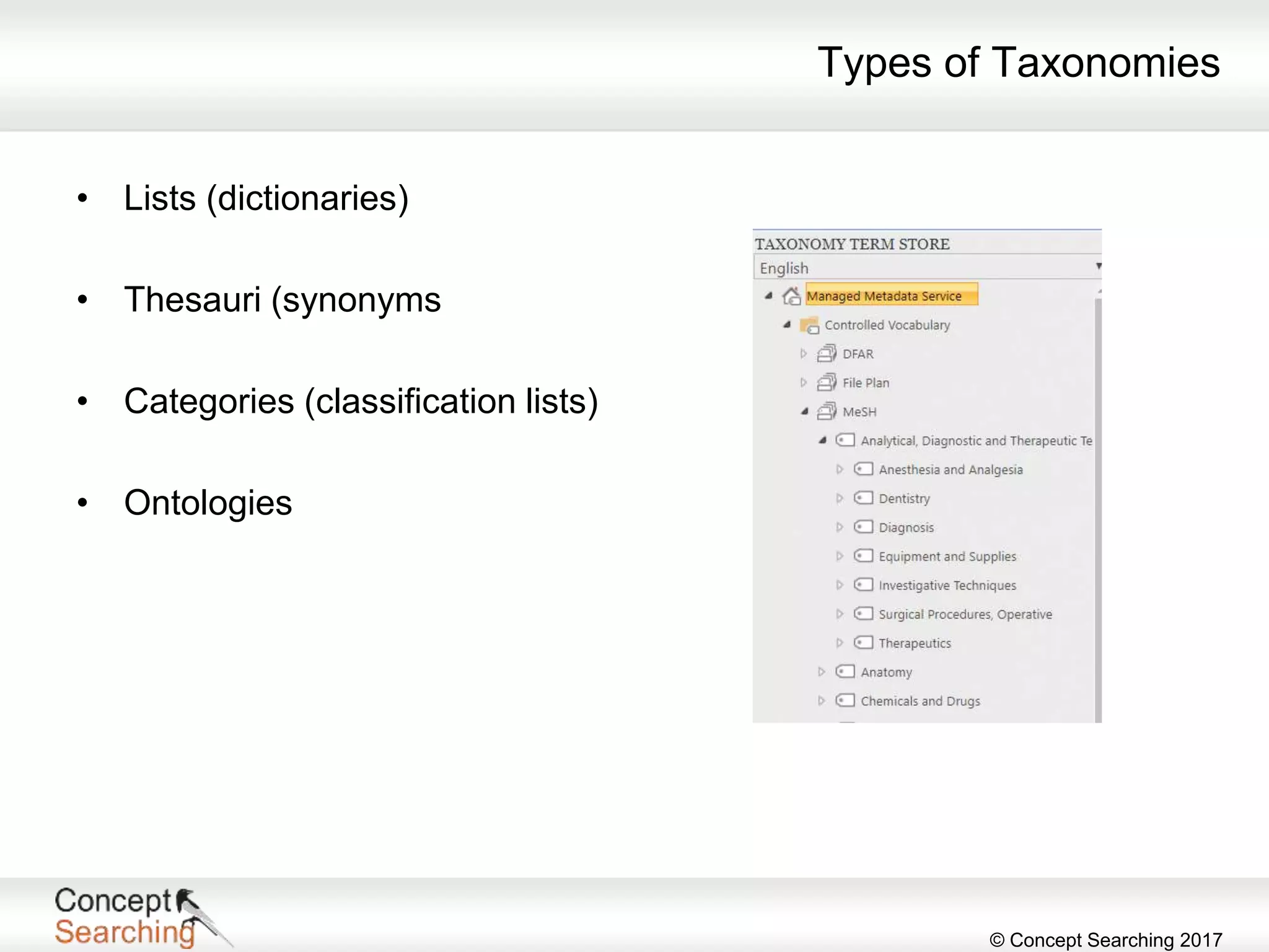 © Concept Searching 2017
Types of Taxonomies
• Lists (dictionaries)
• Thesauri (synonyms
• Categories (classification lists)
• Ontologies
 