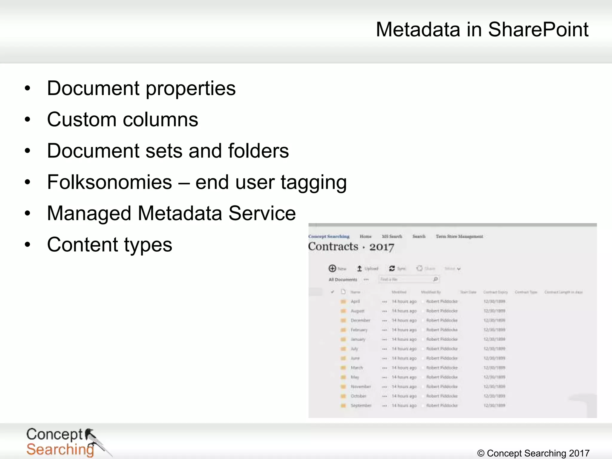 © Concept Searching 2017
Metadata in SharePoint
• Document properties
• Custom columns
• Document sets and folders
• Folksonomies – end user tagging
• Managed Metadata Service
• Content types
 