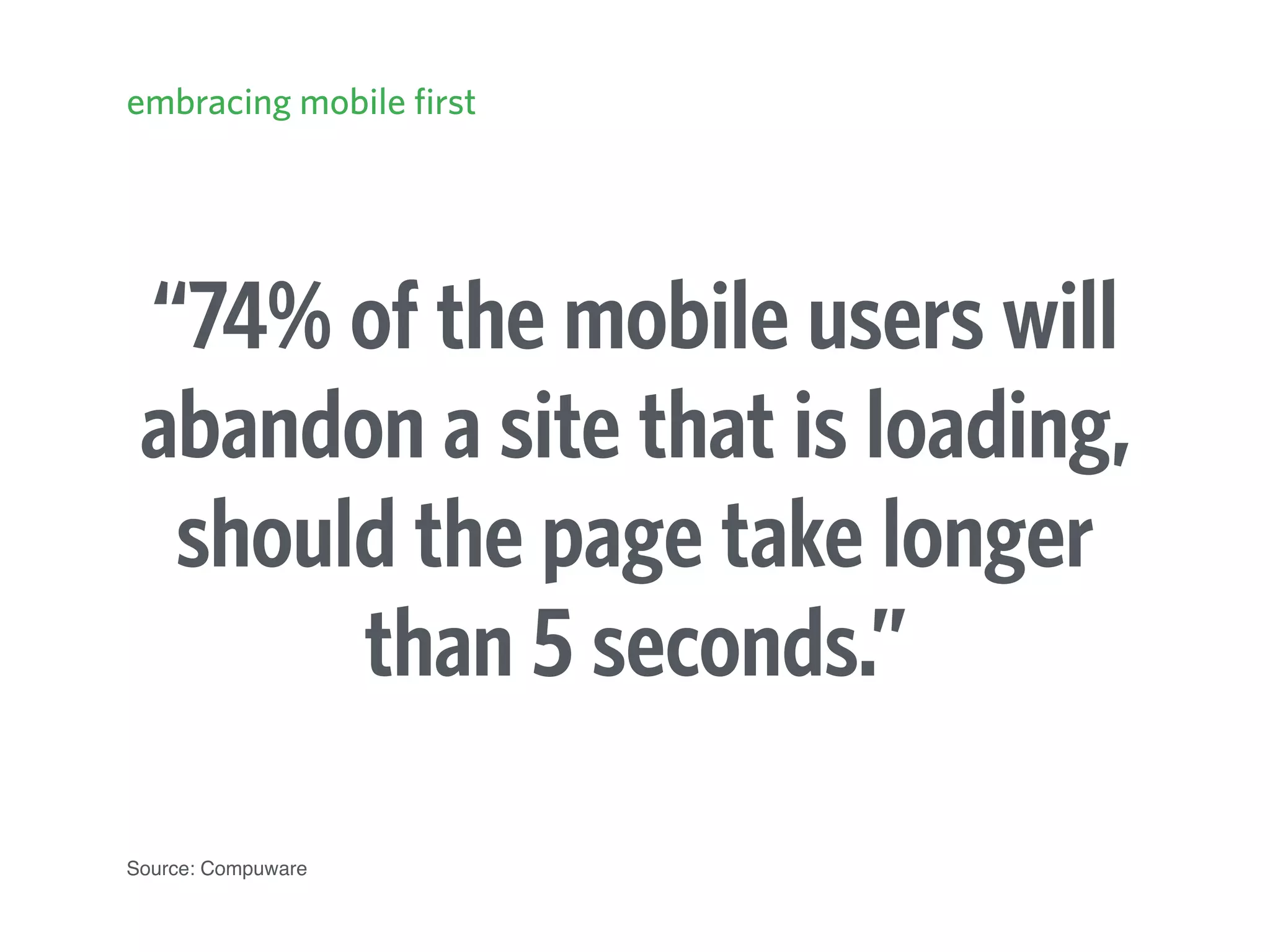 “74% of the mobile users will
abandon a site that is loading,
should the page take longer
than 5 seconds.”
Source: Compuware
embracing mobile first
 
