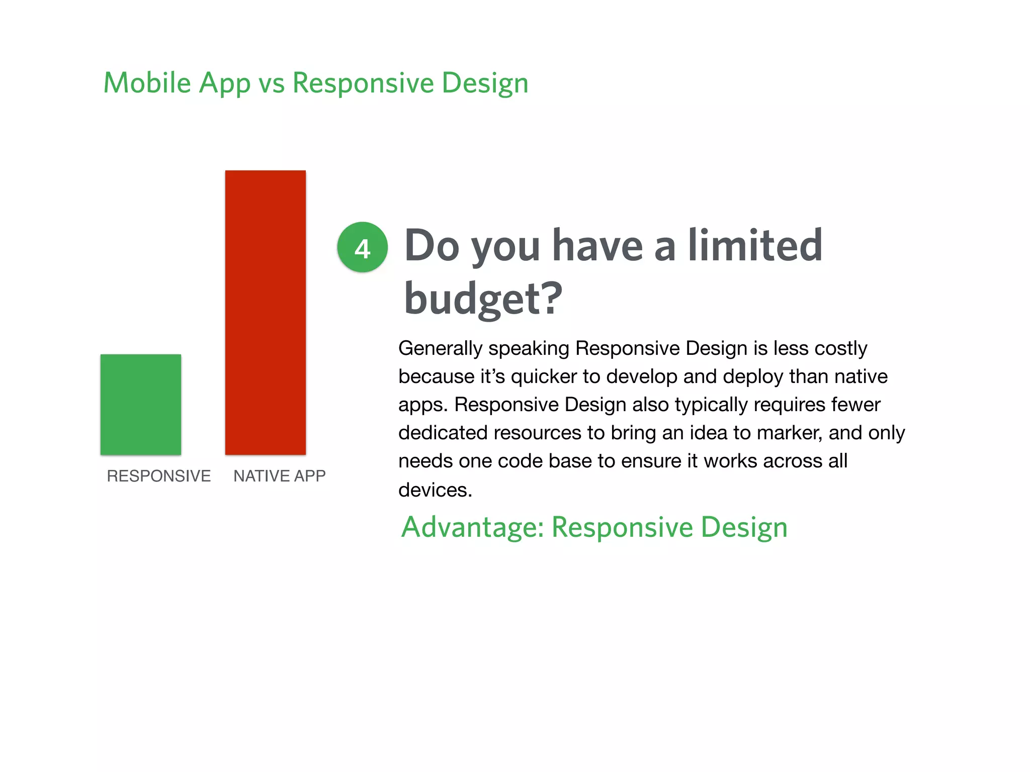 Mobile App vs Responsive Design
Do you have a limited
budget?
Advantage: Responsive Design
4
Generally speaking Responsive Design is less costly
because it’s quicker to develop and deploy than native
apps. Responsive Design also typically requires fewer
dedicated resources to bring an idea to marker, and only
needs one code base to ensure it works across all
devices.
NATIVE APPRESPONSIVE
 