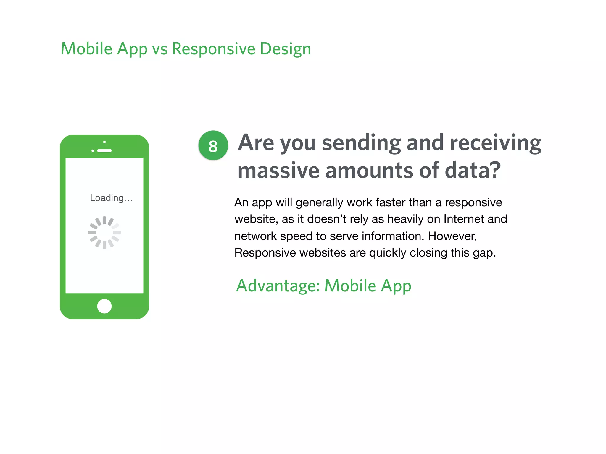 Mobile App vs Responsive Design
Are you sending and receiving
massive amounts of data?
Advantage: Mobile App
8
An app will generally work faster than a responsive
website, as it doesn’t rely as heavily on Internet and
network speed to serve information. However,
Responsive websites are quickly closing this gap.
Loading…
 