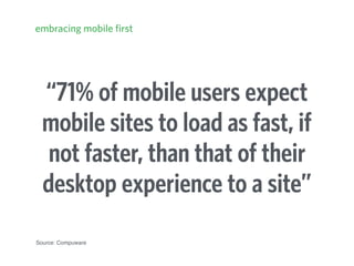 “71% of mobile users expect
mobile sites to load as fast, if
not faster, than that of their
desktop experience to a site”
Source: Compuware
embracing mobile first
 