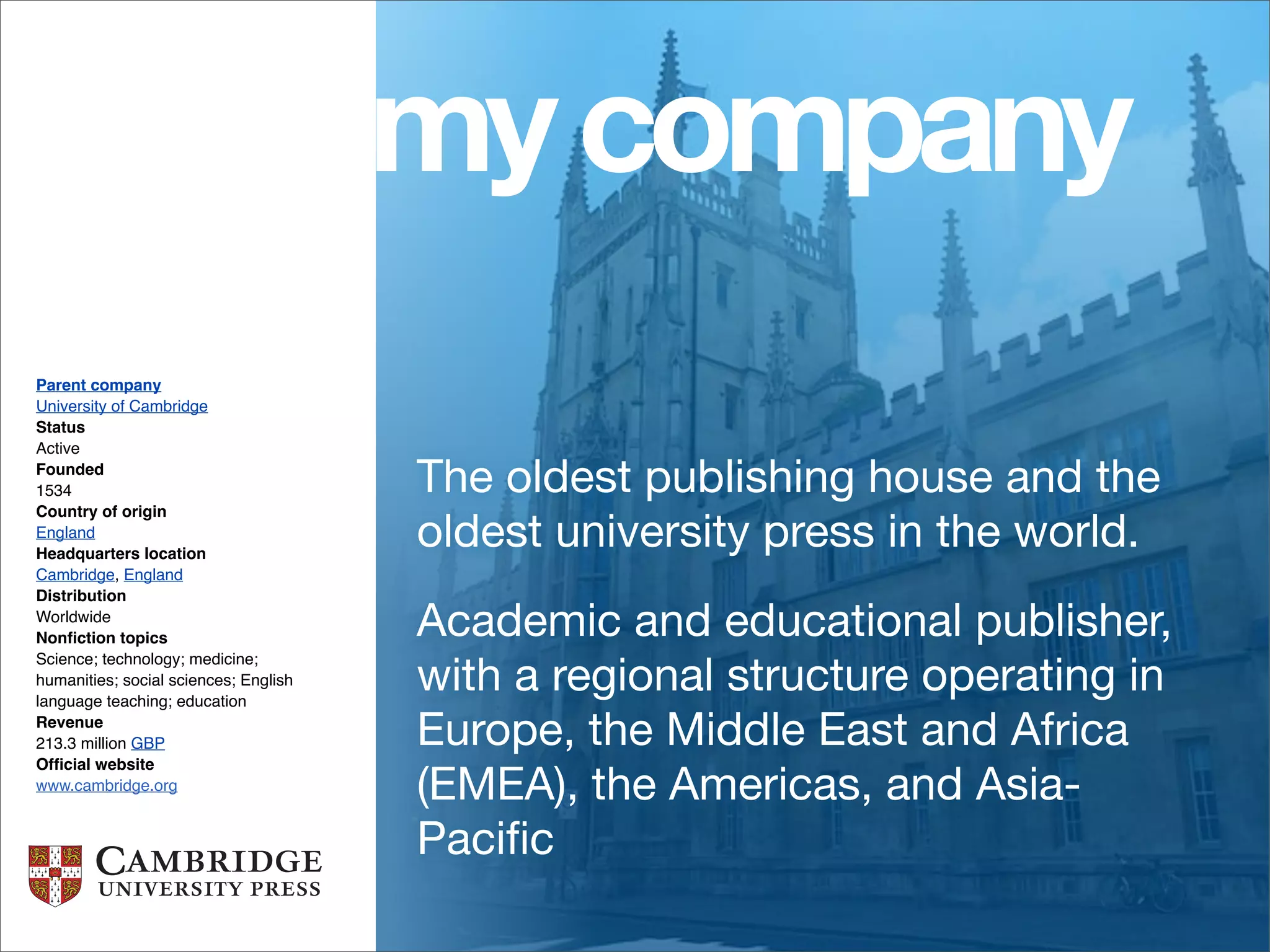 my company
Parent company
University of Cambridge
Status
Active
Founded
1534                                   The oldest publishing house and the
                                       oldest university press in the world.
Country of origin
England
Headquarters location
Cambridge, England
Distribution
Worldwide
Nonﬁction topics                       Academic and educational publisher,
                                       with a regional structure operating in
Science; technology; medicine;
humanities; social sciences; English
language teaching; education
Revenue
213.3 million GBP                      Europe, the Middle East and Africa
                                       (EMEA), the Americas, and Asia-
Ofﬁcial website
www.cambridge.org


                                       Paciﬁc
 