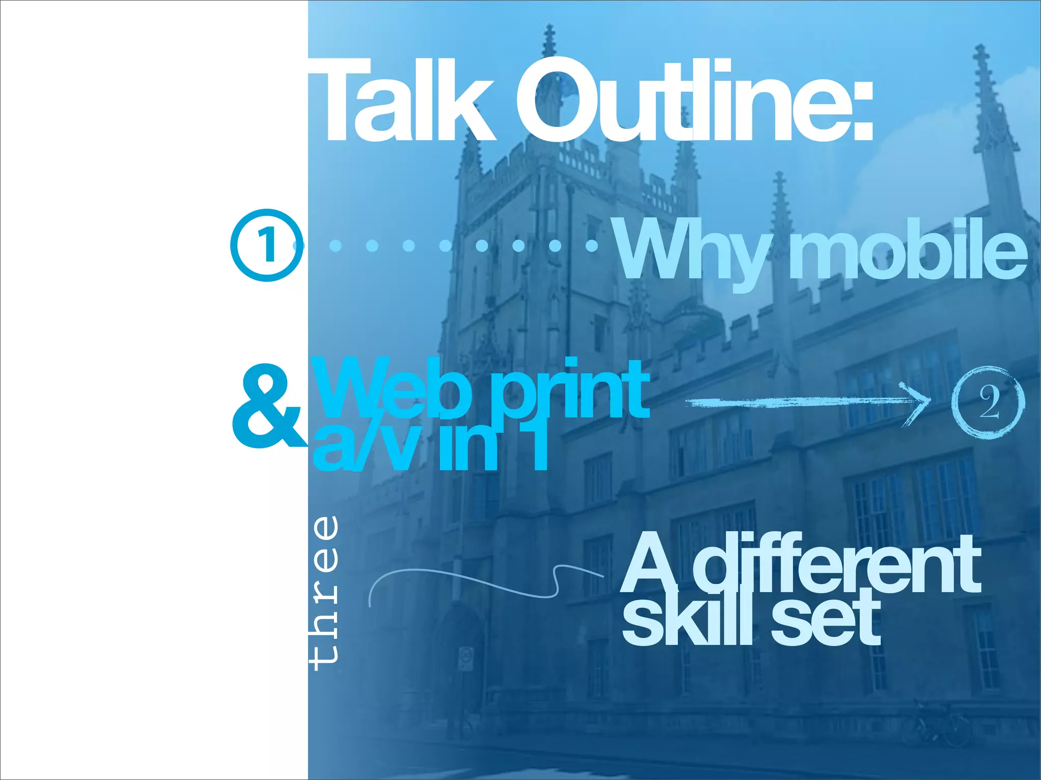 Talk Outline:
1           Why mobile
&a/v in 1
 Web print           2


          A different
    three




          skill set
 