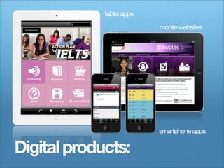 tablet apps

                                                                         mobile websites

                       ACTION PLAN

                             IELTS
                       for




 Listening            Reading               Writing


                                                       A

   ?
   Help              Speaking            Practical Test


          Progress   Notes   Resources      Settings




                                                                         smartphone apps

Digital products:
 
