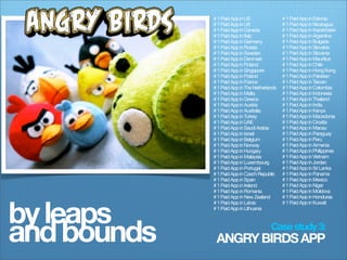 # 1 Paid App in US                # 1 Paid App in Estonia
             # 1 Paid App in UK                # 1 Paid App in Nicaragua
             # 1 Paid App in Canada            # 1 Paid App in Kazakhstan
             # 1 Paid App in Italy             # 1 Paid App in Argentina
             # 1 Paid App in Germany           # 1 Paid App in Bulgaria
             # 1 Paid App in Russia            # 1 Paid App in Slovakia
             # 1 Paid App in Sweden            # 1 Paid App in Slovenia
             # 1 Paid App in Denmark           # 1 Paid App in Mauritius
             # 1 Paid App in Finland           # 1 Paid App in Chile
             # 1 Paid App in Singapore         # 1 Paid App in Hong Kong
             # 1 Paid App in Poland            # 1 Paid App in Pakistan
             # 1 Paid App in France            # 1 Paid App in Taiwan
             # 1 Paid App in The Netherlands   # 1 Paid App in Colombia
             # 1 Paid App in Malta             # 1 Paid App in Indonesia
             # 1 Paid App in Greece            # 1 Paid App in Thailand
             # 1 Paid App in Austria           # 1 Paid App in India
             # 1 Paid App in Australia         # 1 Paid App in Kenya
             # 1 Paid App in Turkey            # 1 Paid App in Macedonia
             # 1 Paid App in UAE               # 1 Paid App in Croatia
             # 1 Paid App in Saudi Arabia      # 1 Paid App in Macau
             # 1 Paid App in Israel            # 1 Paid App in Paraguay
             # 1 Paid App in Belgium           # 1 Paid App in Peru
             # 1 Paid App in Norway            # 1 Paid App in Armenia
             # 1 Paid App in Hungary           # 1 Paid App in Philippines
             # 1 Paid App in Malaysia          # 1 Paid App in Vietnam
             # 1 Paid App in Luxembourg        # 1 Paid App in Jordan
             # 1 Paid App in Portugal          # 1 Paid App in Sri Lanka
             # 1 Paid App in Czech Republic    # 1 Paid App in Panama
             # 1 Paid App in Spain             # 1 Paid App in Mexico
             # 1 Paid App in Ireland           # 1 Paid App in Niger
             # 1 Paid App in Romania           # 1 Paid App in Moldova
             # 1 Paid App in New Zealand       # 1 Paid App in Honduras



by leaps
             # 1 Paid App in Latvia            # 1 Paid App in Kuwait
             # 1 Paid App in Lithuania




and bounds    ANGRY BIRDS APP
                                         Case study 3:
 