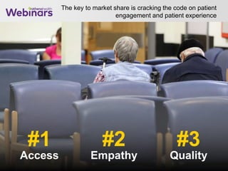 The key to market share is cracking the code on patient
engagement and patient experience
26
#2#1 #3
QualityEmpathyAccess
 