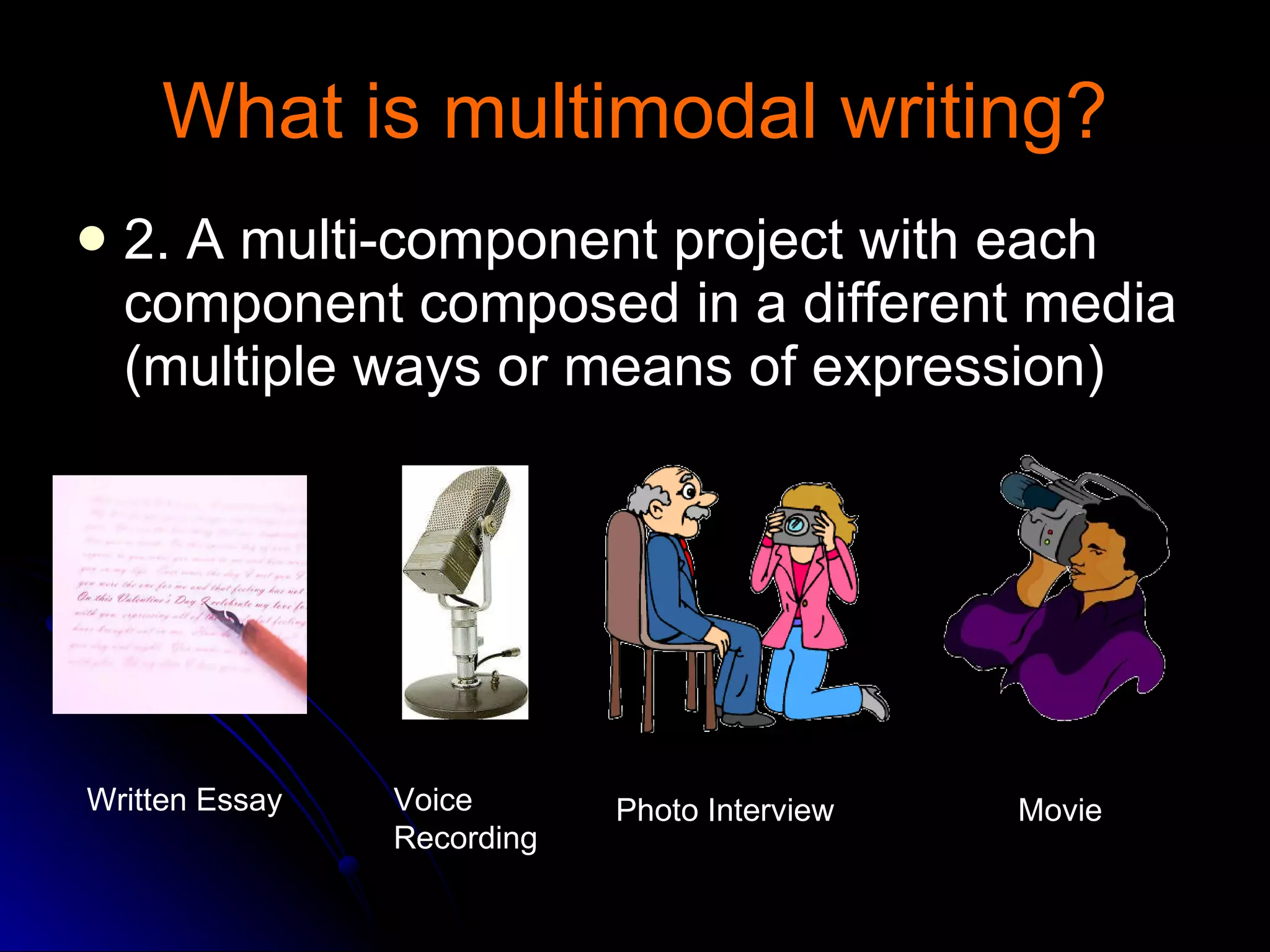 What is multimodal writing? 2. A multi-component project with each component composed in a different media (multiple ways or means of expression) Written Essay Voice Recording Photo Interview Movie 