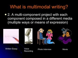 What is multimodal writing? 2. A multi-component project with each component composed in a different media (multiple ways or means of expression) Written Essay Voice Recording Photo Interview Movie 