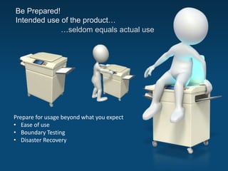 Be Prepared!
Intended use of the product…
…seldom equals actual use
Prepare for usage beyond what you expect
• Ease of use
• Boundary Testing
• Disaster Recovery
 