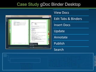 tanzer.com
Case Study gDoc Binder Desktop
View Docs
Edit Tabs & Binders
Insert Docs
Update
Annotate
Publish
Search
 