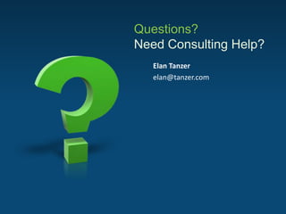 Questions?
Need Consulting Help?
Elan Tanzer
elan@tanzer.com
 