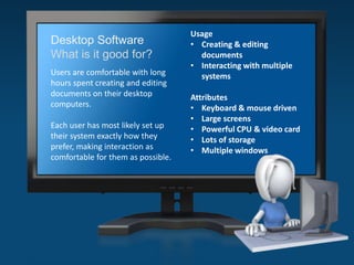 Desktop Software
What is it good for?
Users are comfortable with long
hours spent creating and editing
documents on their desktop
computers.
Each user has most likely set up
their system exactly how they
prefer, making interaction as
comfortable for them as possible.
Usage
• Creating & editing
documents
• Interacting with multiple
systems
Attributes
• Keyboard & mouse driven
• Large screens
• Powerful CPU & video card
• Lots of storage
• Multiple windows
 