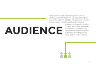 AUDIENCE
Visitors on YouTube are in theory more open to
watching an ad than Facebook users considering the
basis of the platform is to play video content. YouTube
visitors are also more likely to have their sound
enabled in anticipation of video
content, but as daily video views
on Facebook continue to rise
so does the likelihood that their
audience is expecting to view
video content on the platform.
OO10
 