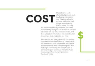 COST
The self-serve tools
offered by Facebook and
YouTube are similar in
that they both allow for
an advertiser to set their
budget and targeting
specifications, but they
are also fundamentally different. YouTube’s
tool works by asking for the maximum value an
advertiser will pay for a completed view, and
then takes that information into consideration
to estimate an average cost per view.
Average cost per view is a product of dividing
up the estimated views per day. Facebook on
the other has a fixed cost model. Because of
this a brand may wind up spending less than
its budget considering the cost per view is
contingent upon how many views YouTube
can supply or how many impressions
Facebook yields.
S
OO12
 