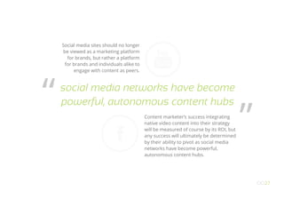 Social media sites should no longer
be viewed as a marketing platform
for brands, but rather a platform
for brands and individuals alike to
engage with content as peers.
Content marketer’s success integrating
native video content into their strategy
will be measured of course by its ROI, but
any success will ultimately be determined
by their ability to pivot as social media
networks have become powerful,
autonomous content hubs.
social media networks have become
powerful, autonomous content hubs“
”
OO27
 