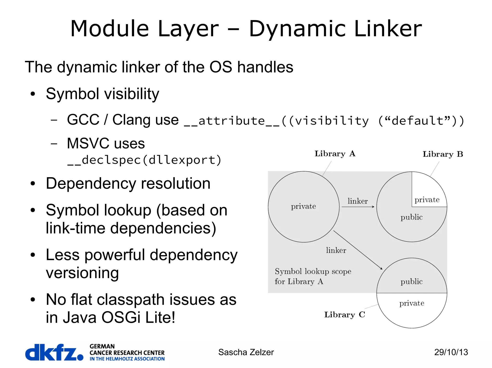 Module Layer – Dynamic Linker
The dynamic linker of the OS handles
●

Symbol visibility
–

GCC / Clang use __attribute__((visibility (“default”))

–

MSVC uses
__declspec(dllexport)

●

●

●

●

Dependency resolution
Symbol lookup (based on
link-time dependencies)
Less powerful dependency
versioning
No flat classpath issues as
in Java OSGi Lite!
Sascha Zelzer

29/10/13

 