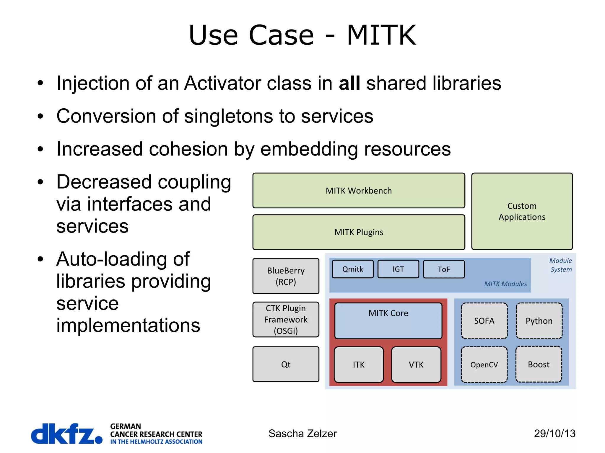 Use Case - MITK
●

Injection of an Activator class in all shared libraries

●

Conversion of singletons to services

●

Increased cohesion by embedding resources

●

●

Decreased coupling
via interfaces and
services
Auto-loading of
libraries providing
service
implementations

Sascha Zelzer

29/10/13

 
