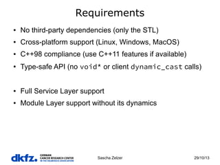 Requirements
●

No third-party dependencies (only the STL)

●

Cross-platform support (Linux, Windows, MacOS)

●

C++98 compliance (use C++11 features if available)

●

Type-safe API (no void* or client dynamic_cast calls)

●

Full Service Layer support

●

Module Layer support without its dynamics

Sascha Zelzer

29/10/13

 