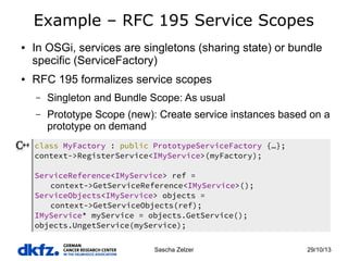 Example – RFC 195 Service Scopes
●

●

In OSGi, services are singletons (sharing state) or bundle
specific (ServiceFactory)
RFC 195 formalizes service scopes
–

Singleton and Bundle Scope: As usual

–

Prototype Scope (new): Create service instances based on a
prototype on demand

class MyFactory : public PrototypeServiceFactory {…};
context->RegisterService<IMyService>(myFactory);
ServiceReference<IMyService> ref =
context->GetServiceReference<IMyService>();
ServiceObjects<IMyService> objects =
context->GetServiceObjects(ref);
IMyService* myService = objects.GetService();
objects.UngetService(myService);
Sascha Zelzer

29/10/13

 