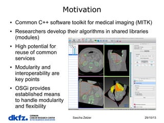 Motivation
●

●

●

●

●

Common C++ software toolkit for medical imaging (MITK)
Researchers develop their algorithms in shared libraries
(modules)
High potential for
reuse of common
services
Modularity and
interoperability are
key points
OSGi provides
established means
to handle modularity
and flexibility
Sascha Zelzer

29/10/13

 