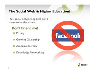 Yet, social networking sites don’t
    seem to be the answer.

      Don’t Friend me!
       !   Privacy

       !   Content Ownership

       !   Academic Identity

       !   Knowledge Networking




3
 