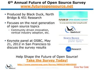 6th Annual Future of Open Source Survey
         www.futureopensource.net

 Produced by Black Duck, North
  Bridge & 451 Research
 Focuses on the next generation
  of open source topics
  – Community driven innovation,
    vertical industry adoption, etc.


 Keynote panel at OSBC, May
  21, 2012 in San Francisco to
  discuss the survey results


        Help Shape the Future of Open Source!
              Take the Survey Today!
         http://www.zoomerang.com/Survey/WEB22F4B845DQ5
                        Copyright © 2012 Black Duck Software, Inc. All Rights Reserved.
 