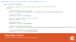How does it work?
Fluent API for describing how to amend compiled .NET assemblies
 